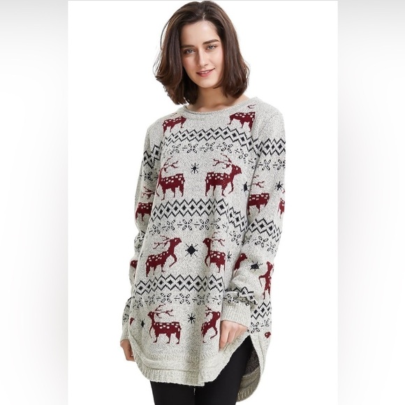 Shineflow Sweaters - Shineflow-Reindeer Snowflake Midi Christmas Pullover Sweater Tunic-Size:Medium